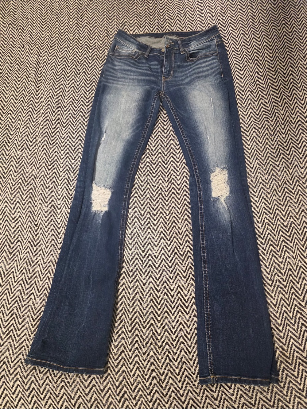 BKE Dark Blue Flare Jeans with Distressed Knees